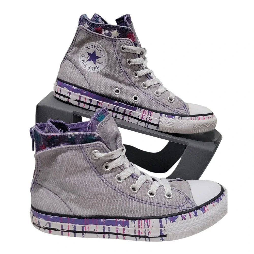 Converse Chuck Taylor All Star Kid 1 Gray Purple Paint Drip Zip High Top Sneaker